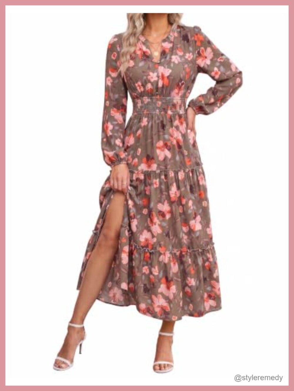 Women's Floral Maxi Dress Long Sleeve V Neck A Line Tiered with Pockets